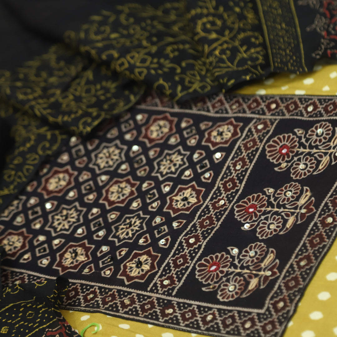 रुबानी Canary Yellow Ajrak Patch Neck Work Printed Cotton Suit Set