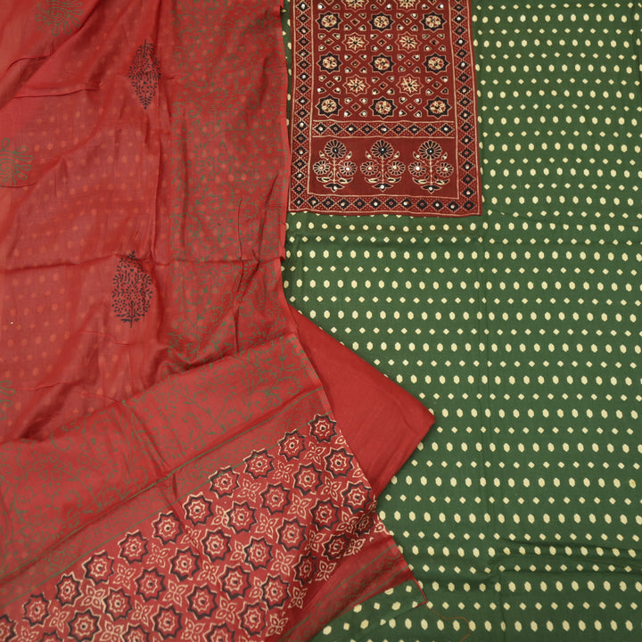 रुबानी Grass Green Ajrak Patch Neck Work Printed Cotton Suit Set