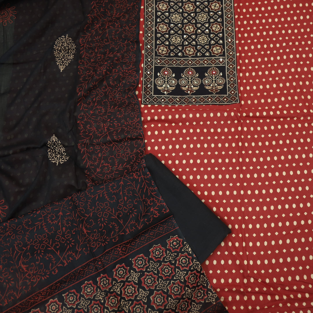 रुबानी Apple Red Ajrak Patch Neck Work Printed Cotton Suit Set