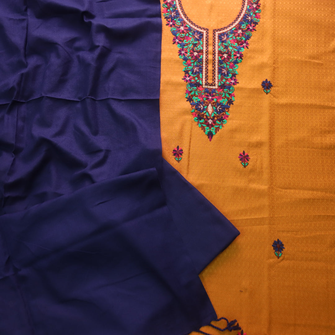 Senorita Yellow Kashida Embroidery Semi Pashmina Winter Suit With Blue Dupatta