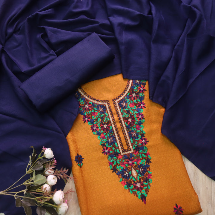 Senorita Yellow Kashida Embroidery Semi Pashmina Winter Suit With Blue Dupatta