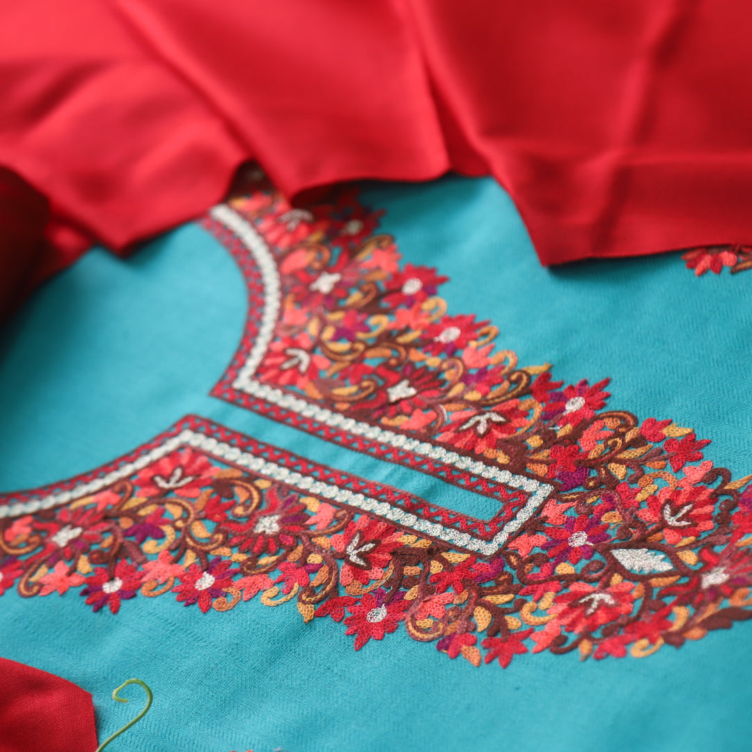 Senorita Teal Blue Kashida Embroidery Neck Semi Pashmina Winter Set