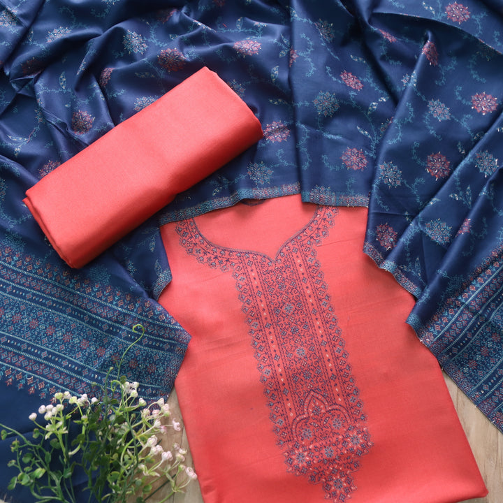 सुहानी Coral Peach Thread Weaved Neck Work Semi Pashmina Winter Set