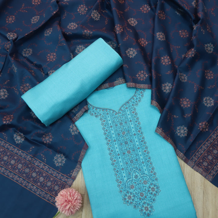 सुहानी Baby Blue Thread Weaved Neck Work Semi Pashmina Winter Set