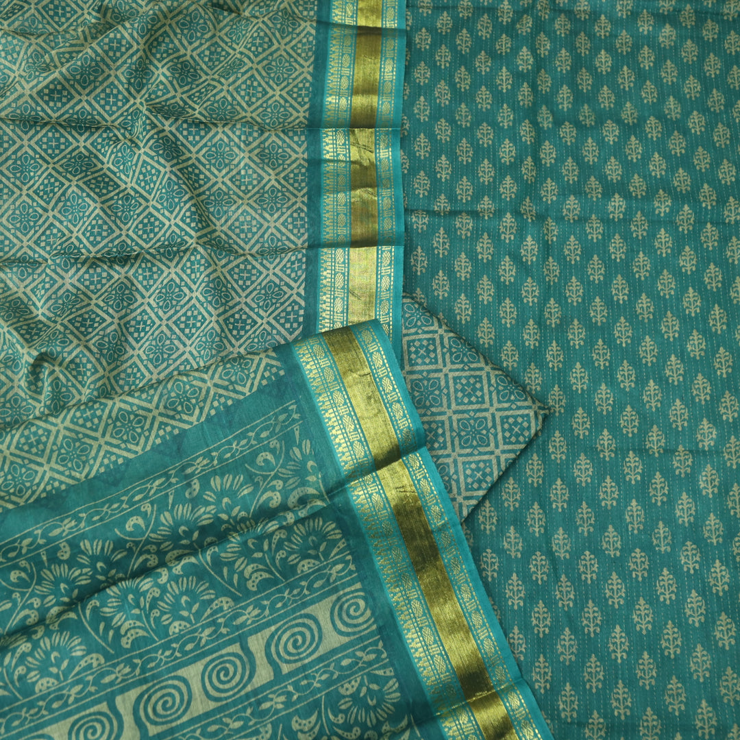 इश्कखुमारी Soft Teal Printed Work With Mangalgiri Hem Cotton Set