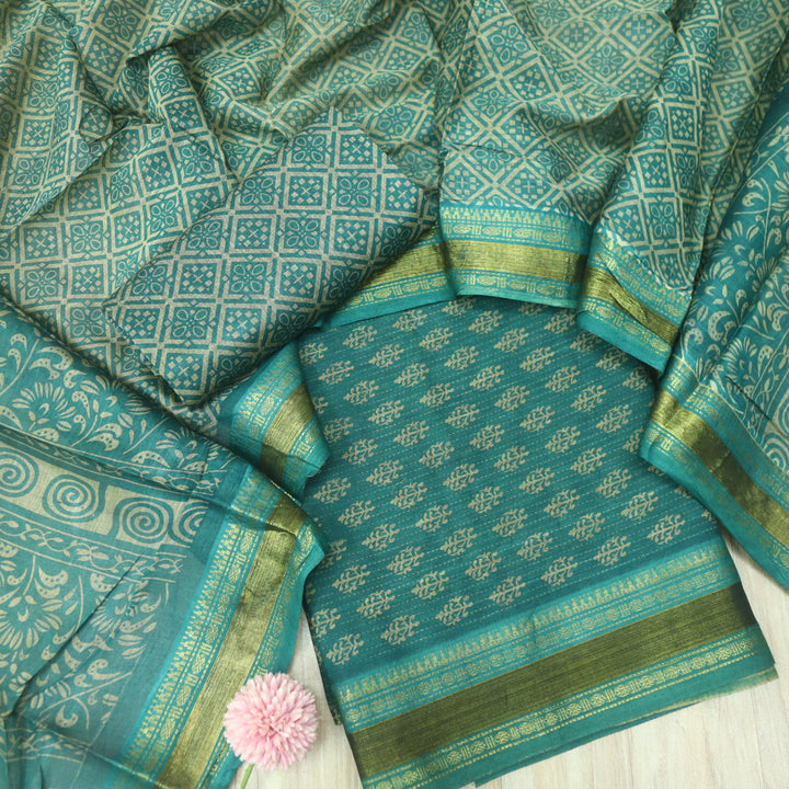 इश्कखुमारी Soft Teal Printed Work With Mangalgiri Hem Cotton Set