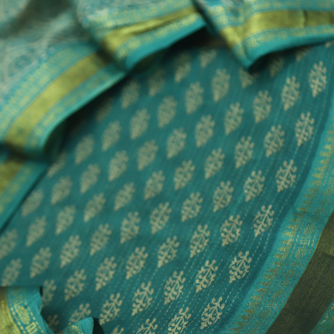 इश्कखुमारी Soft Teal Printed Work With Mangalgiri Hem Cotton Set