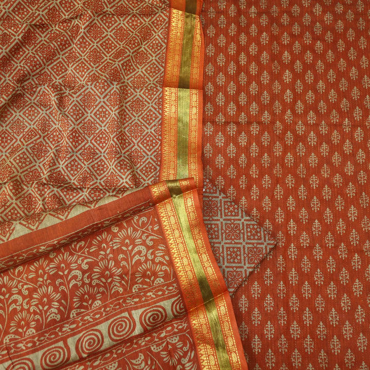 इश्कखुमारी Rust Orange Printed Work With Mangalgiri Hem Cotton Set