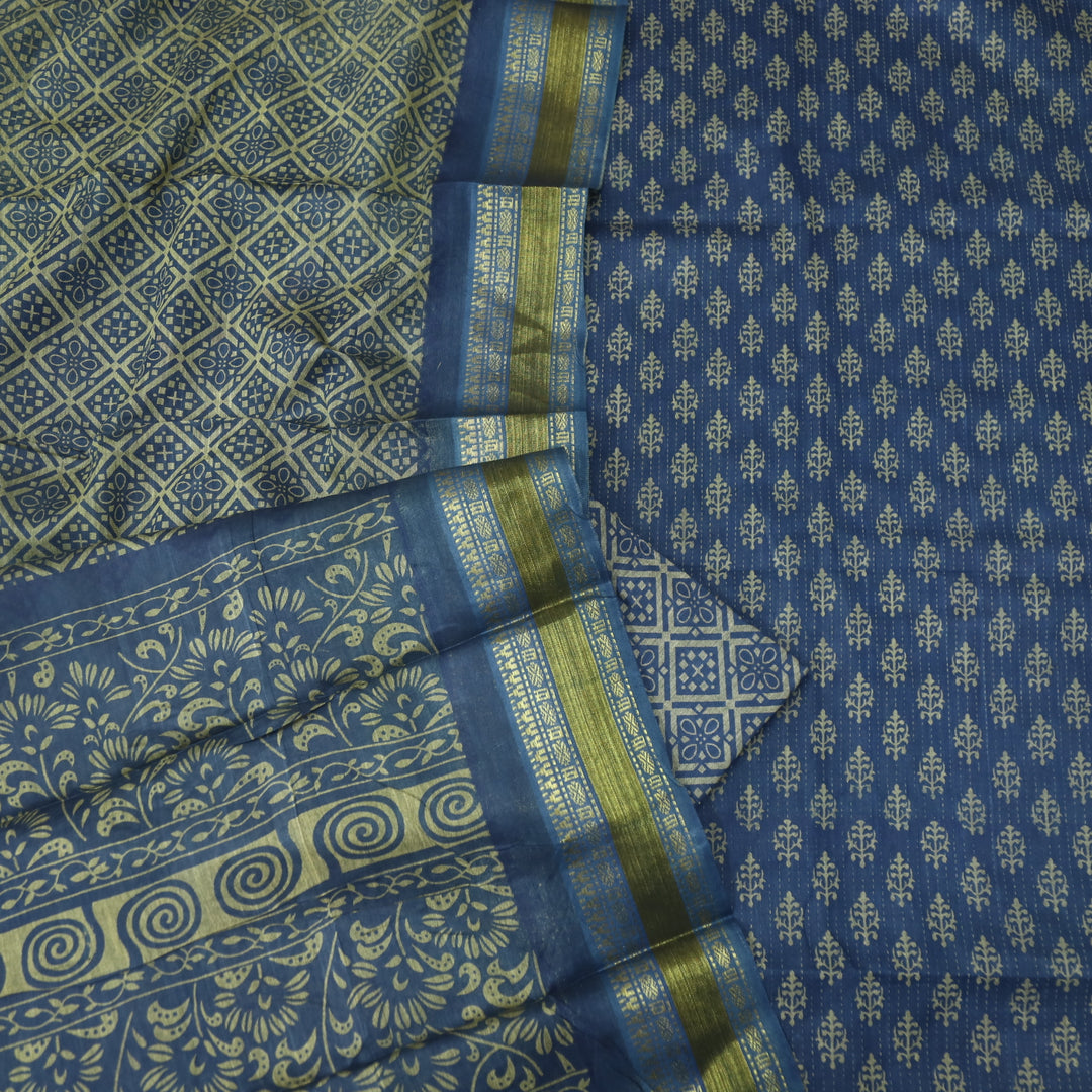 इश्कखुमारी Royal Blue Printed Work With Mangalgiri Hem Cotton Set