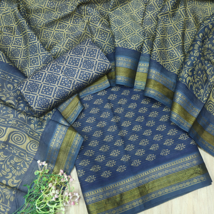 इश्कखुमारी Royal Blue Printed Work With Mangalgiri Hem Cotton Set