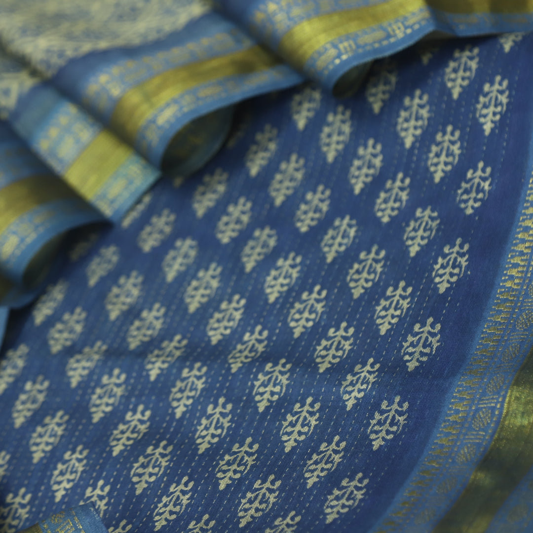 इश्कखुमारी Royal Blue Printed Work With Mangalgiri Hem Cotton Set