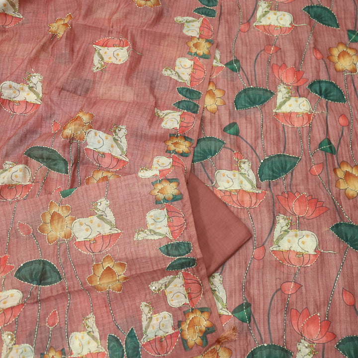 Raavi Mauve Pink Digital Pichwai Print Kantha Work Chanderi Suit Set