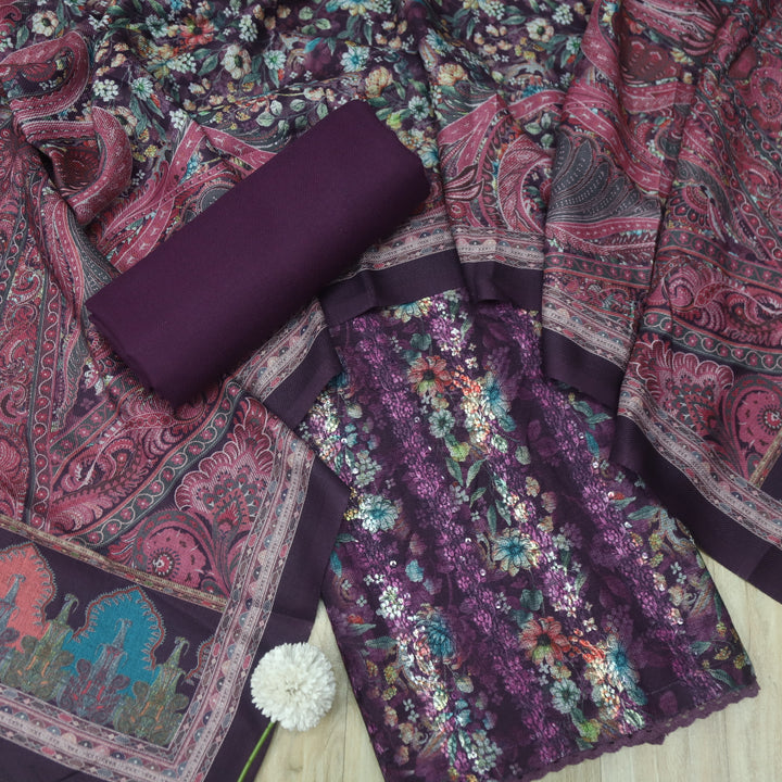 सुहानी Eggplant Purple Thread Weaved Floral Printed Semi Pashmina Winter Set