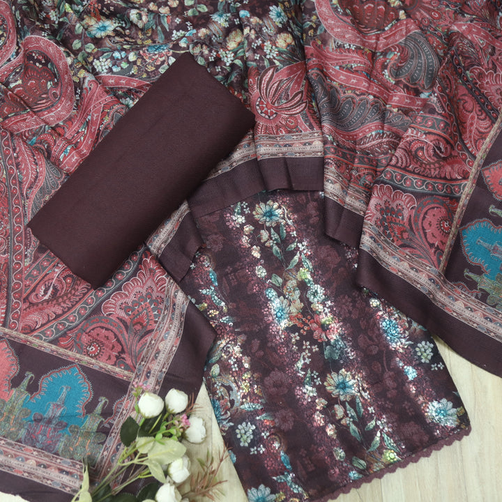 सुहानी Chocolate Brown Thread Weaved Floral Printed Semi Pashmina Winter Set