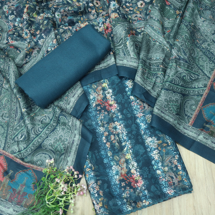 सुहानी Cerulean Blue Thread Weaved Floral Printed Semi Pashmina Winter Set