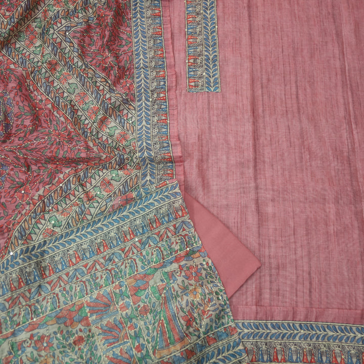 Khalasi Candy Pink Madhubani Printed Chanderi Kantha Work Suit Set