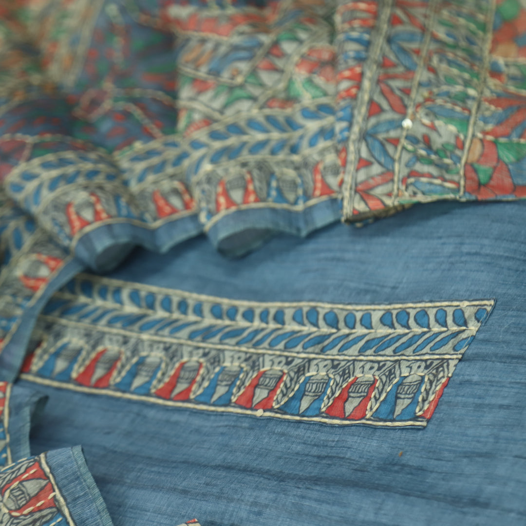 Khalasi Pebble Blue Madhubani Printed Chanderi Kantha Work Suit Set