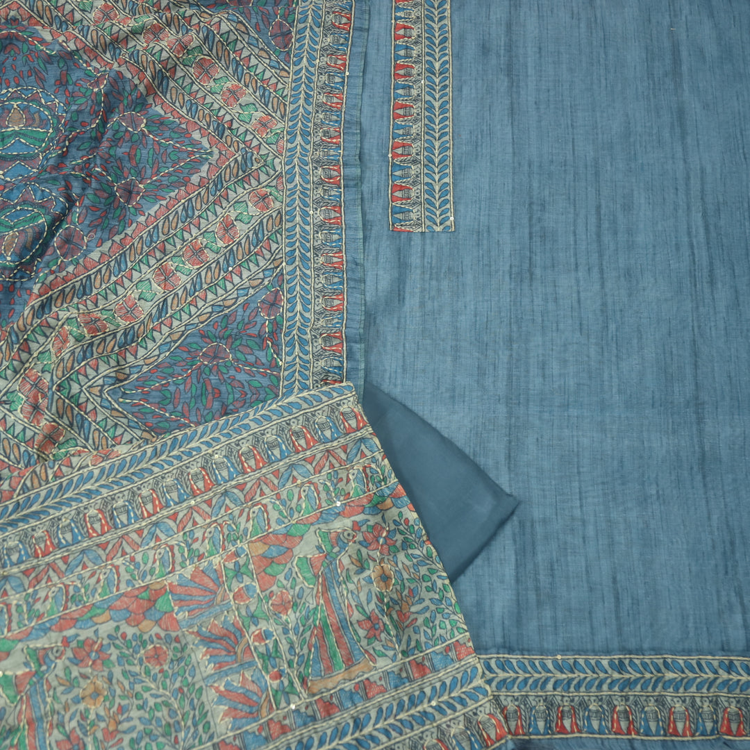 Khalasi Pebble Blue Madhubani Printed Chanderi Kantha Work Suit Set