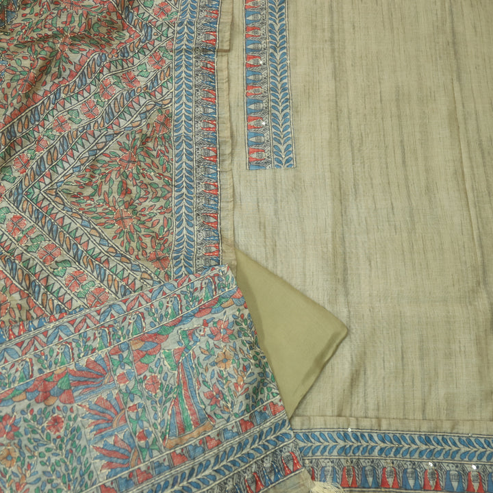 Khalasi Butter Beige Madhubani Printed Chanderi Kantha Work Suit Set