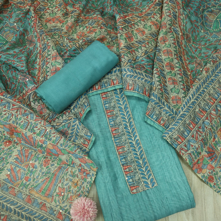 Khalasi Ocean Blue Madhubani Printed Chanderi Kantha Work Suit Set