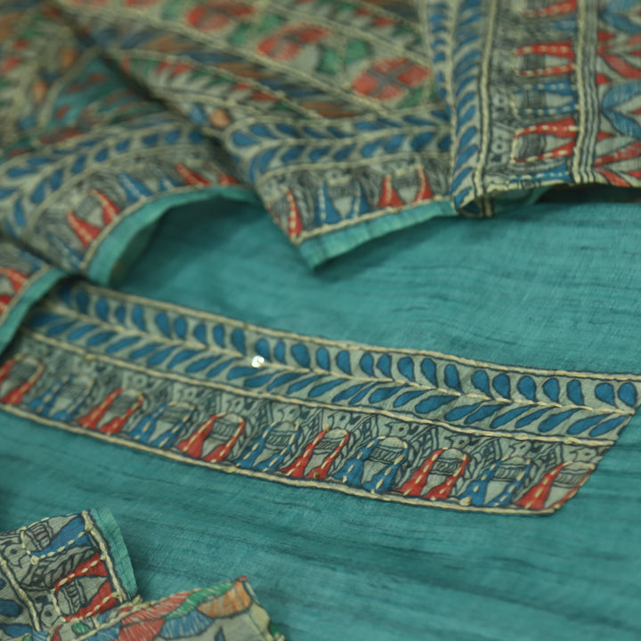 Khalasi Ocean Blue Madhubani Printed Chanderi Kantha Work Suit Set