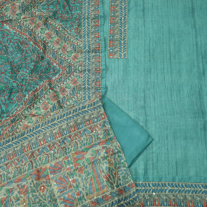 Khalasi Ocean Blue Madhubani Printed Chanderi Kantha Work Suit Set