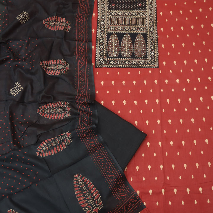 रुबानी Apple Red Ajrak Patch Neck Work Printed Cotton Suit Set D2