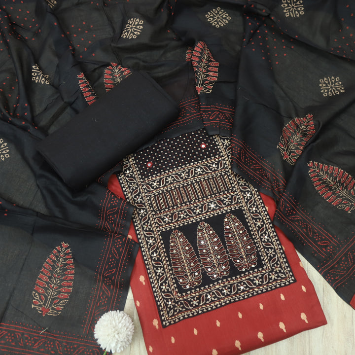 रुबानी Apple Red Ajrak Patch Neck Work Printed Cotton Suit Set D2