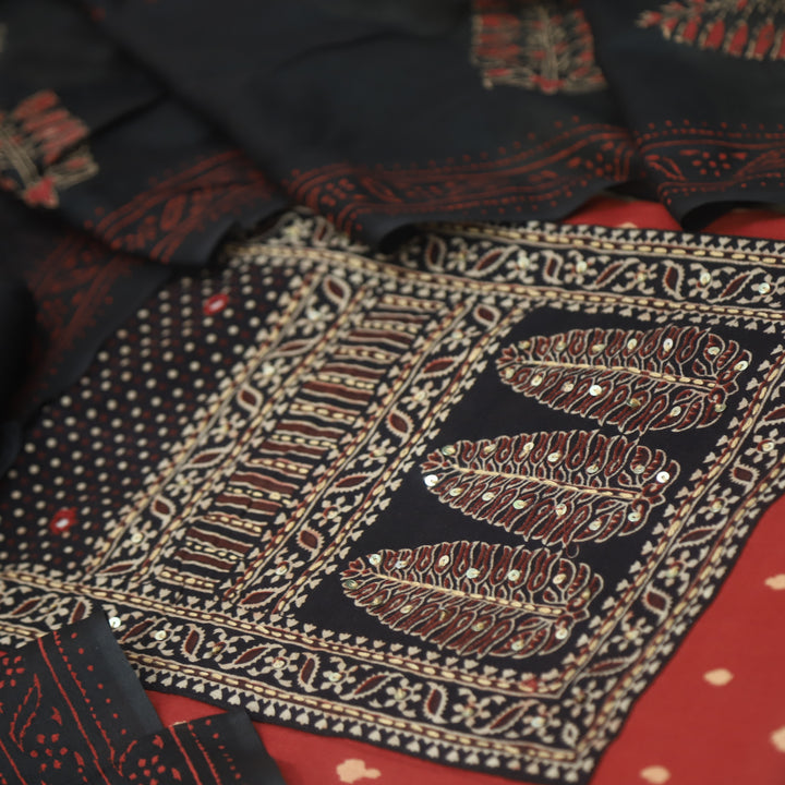 रुबानी Apple Red Ajrak Patch Neck Work Printed Cotton Suit Set D2