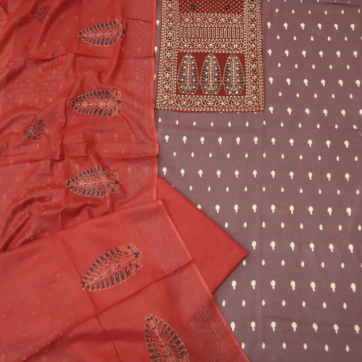 रुबानी Onion Purple Ajrak Patch Neck Work Printed Cotton Suit Set D2