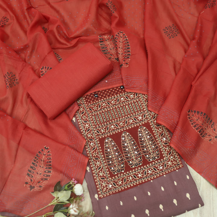 रुबानी Onion Purple Ajrak Patch Neck Work Printed Cotton Suit Set D2