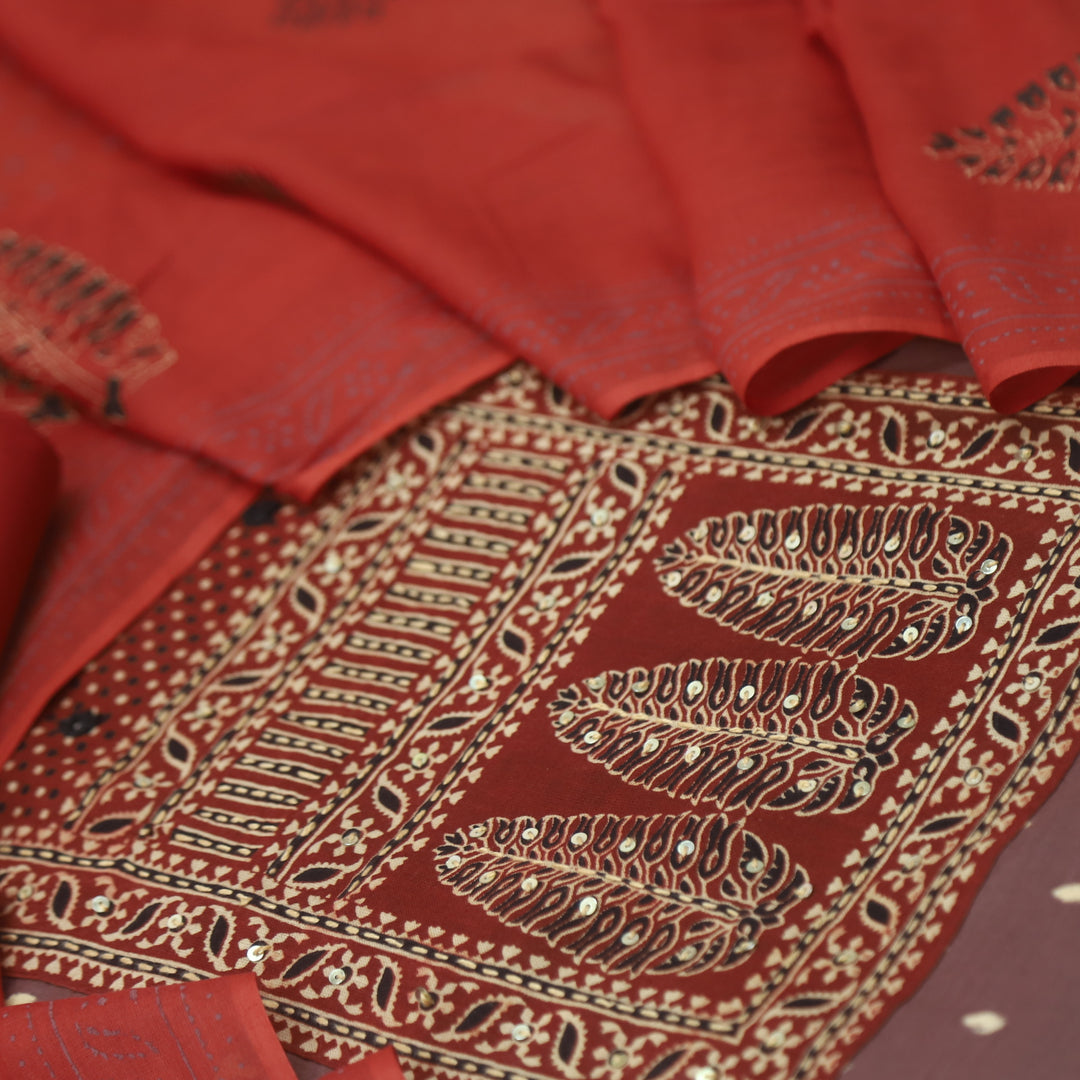 रुबानी Onion Purple Ajrak Patch Neck Work Printed Cotton Suit Set D2