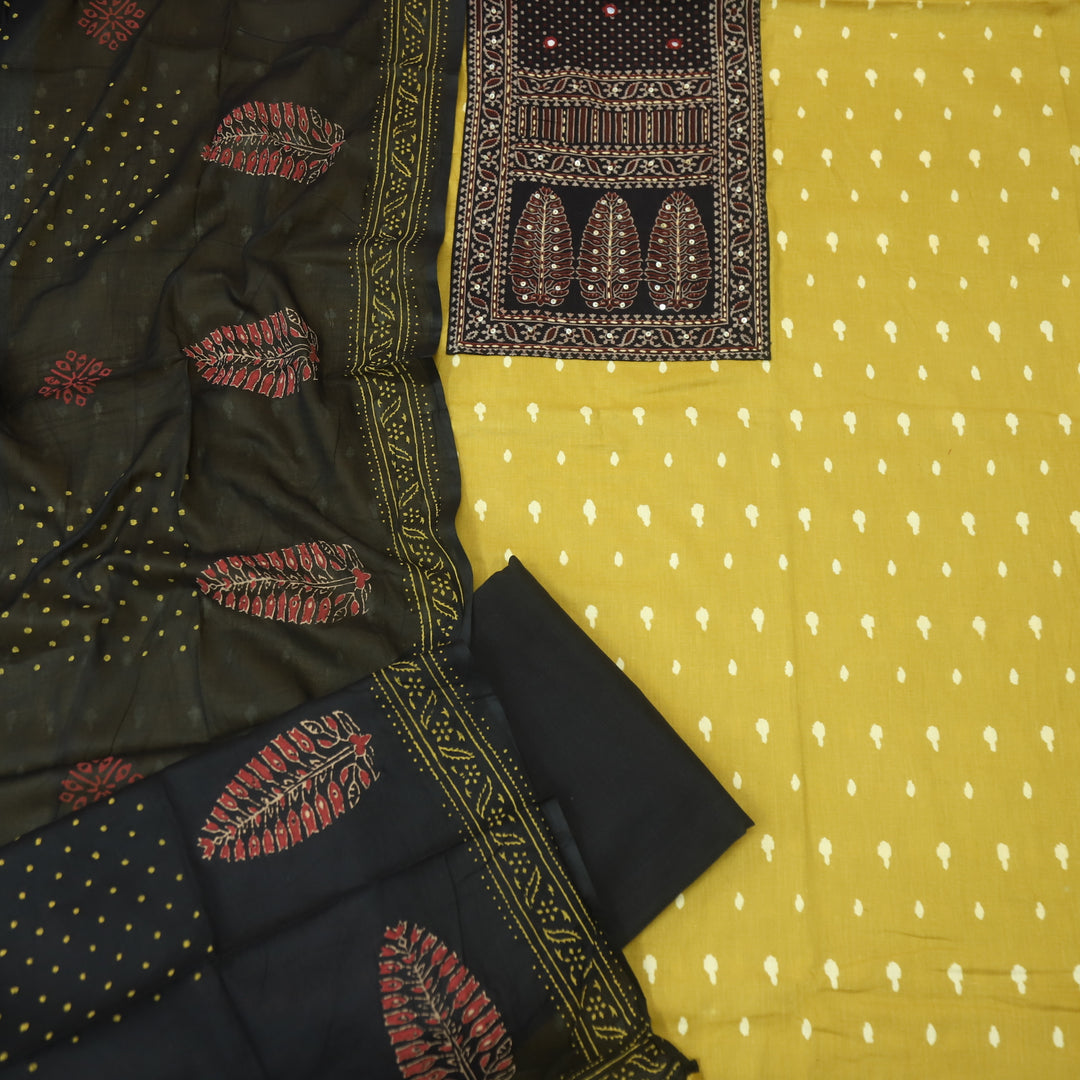 रुबानी Corn Yellow Ajrak Patch Neck Work Printed Cotton Suit Set D2
