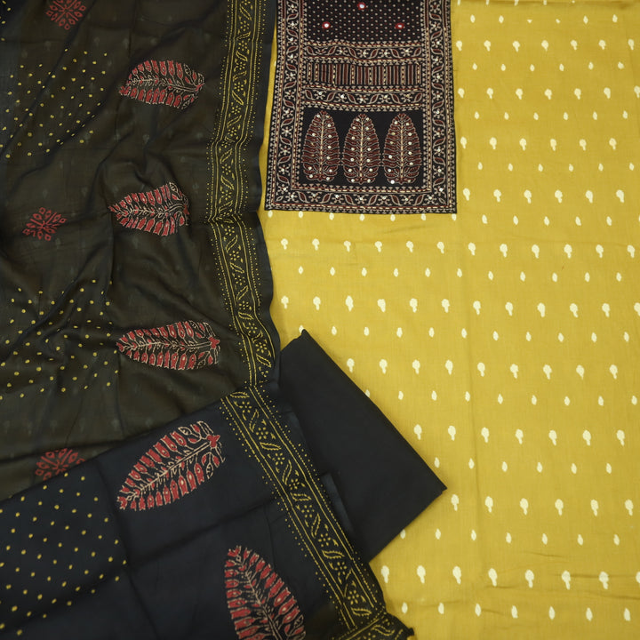 रुबानी Corn Yellow Ajrak Patch Neck Work Printed Cotton Suit Set D2