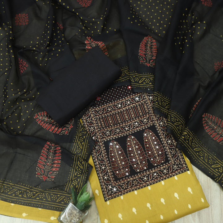 रुबानी Corn Yellow Ajrak Patch Neck Work Printed Cotton Suit Set D2