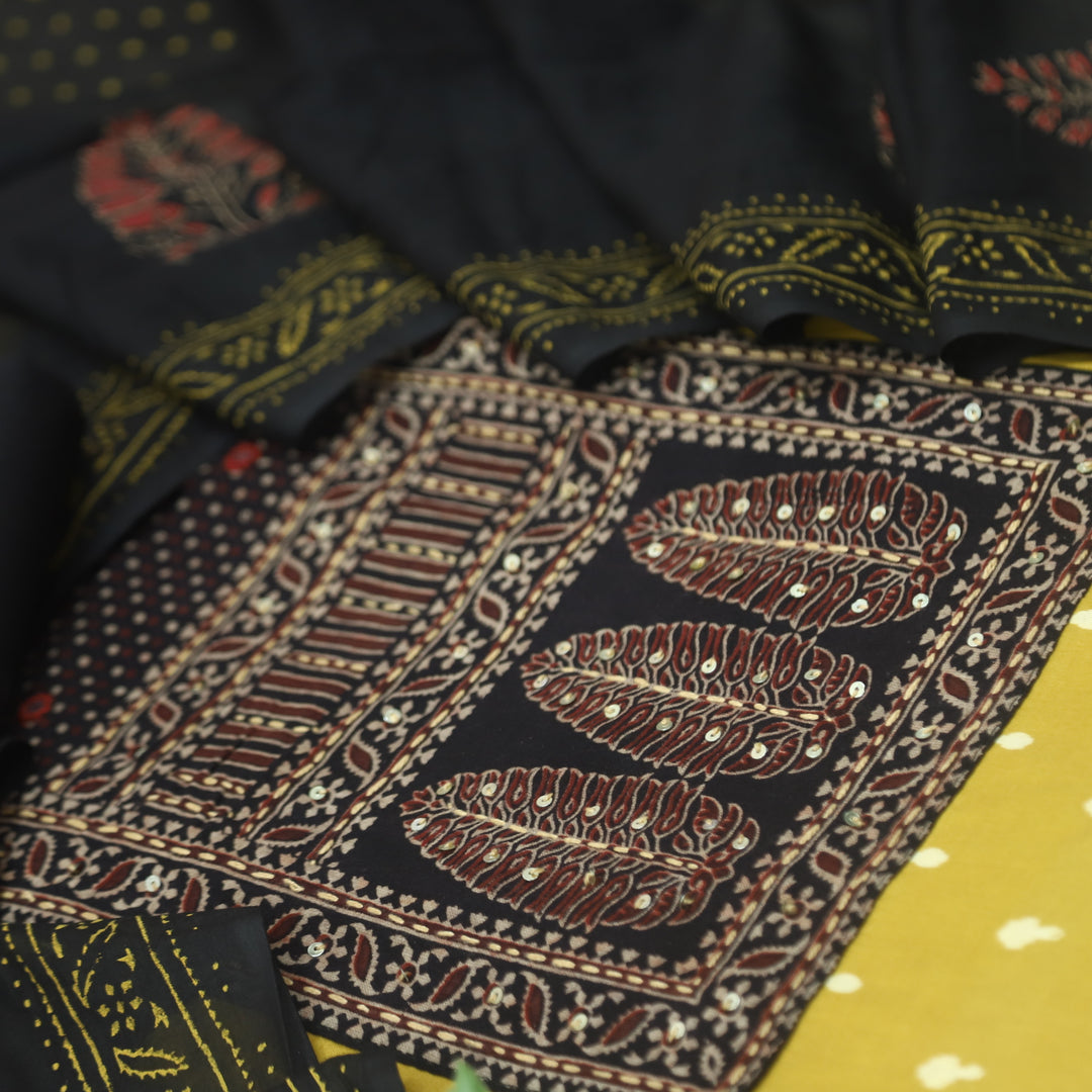 रुबानी Corn Yellow Ajrak Patch Neck Work Printed Cotton Suit Set D2