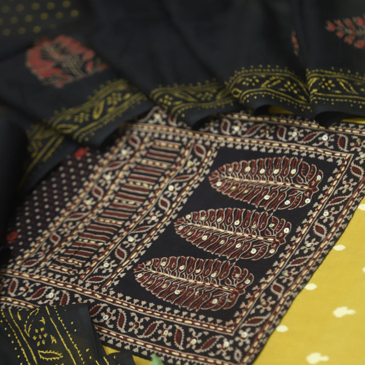 रुबानी Corn Yellow Ajrak Patch Neck Work Printed Cotton Suit Set D2