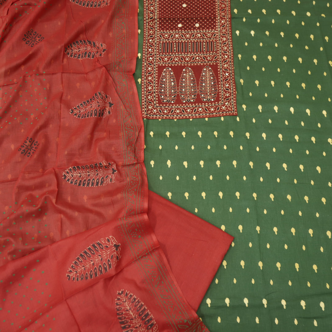 रुबानी Grass Green Ajrak Patch Neck Work Printed Cotton Suit Set D2