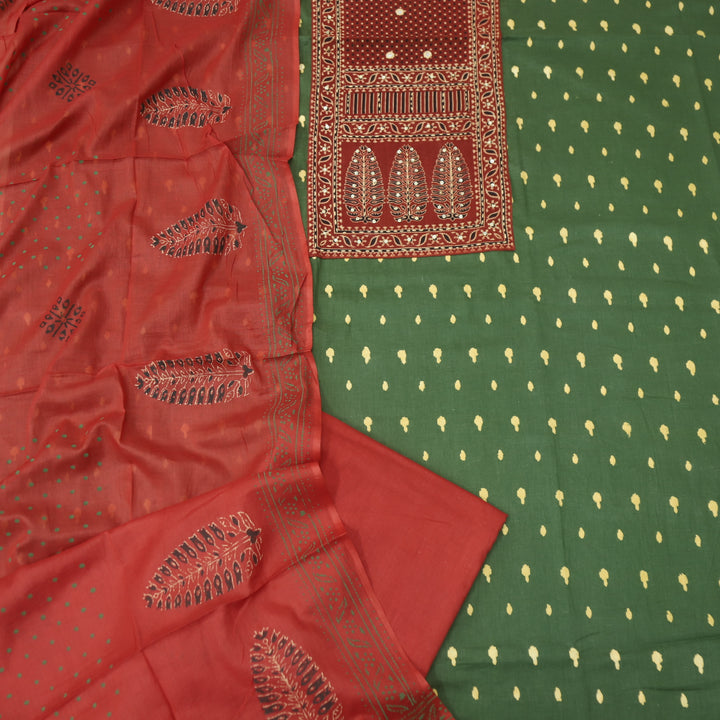 रुबानी Grass Green Ajrak Patch Neck Work Printed Cotton Suit Set D2