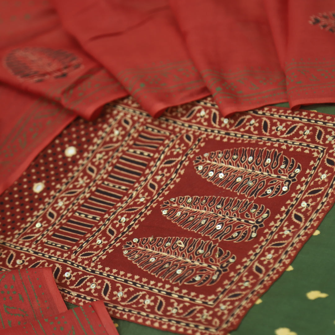 रुबानी Grass Green Ajrak Patch Neck Work Printed Cotton Suit Set D2