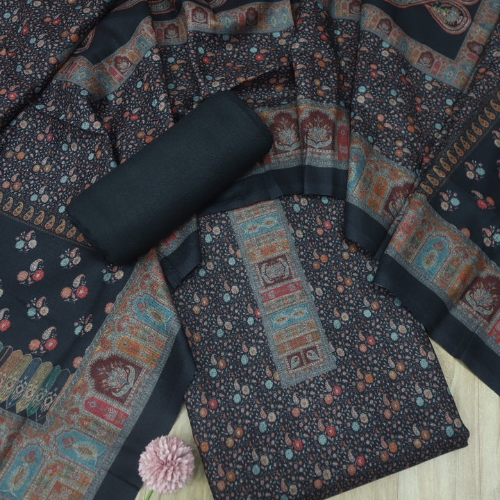 इश्किया Midnight Black Floral Kanni Printed Semi Pashmina Winter Suit Set