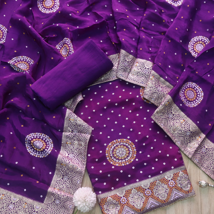 पतझड़ Vibrant Purple Kardana Detailing with Bandhani Print Crepe Silk Suit Set