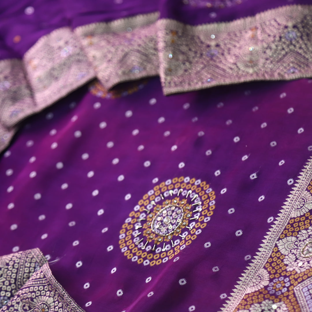 पतझड़ Vibrant Purple Kardana Detailing with Bandhani Print Crepe Silk Suit Set