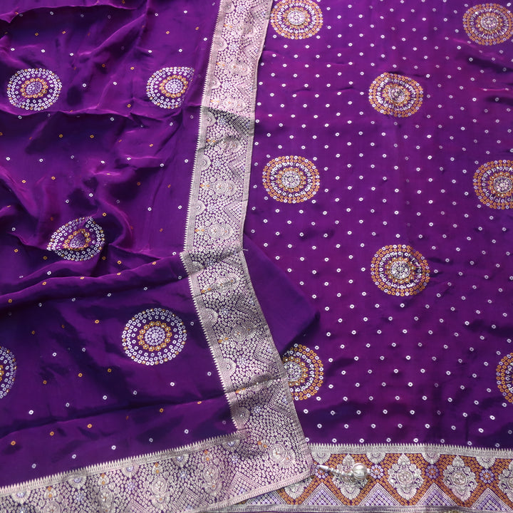 पतझड़ Vibrant Purple Kardana Detailing with Bandhani Print Crepe Silk Suit Set