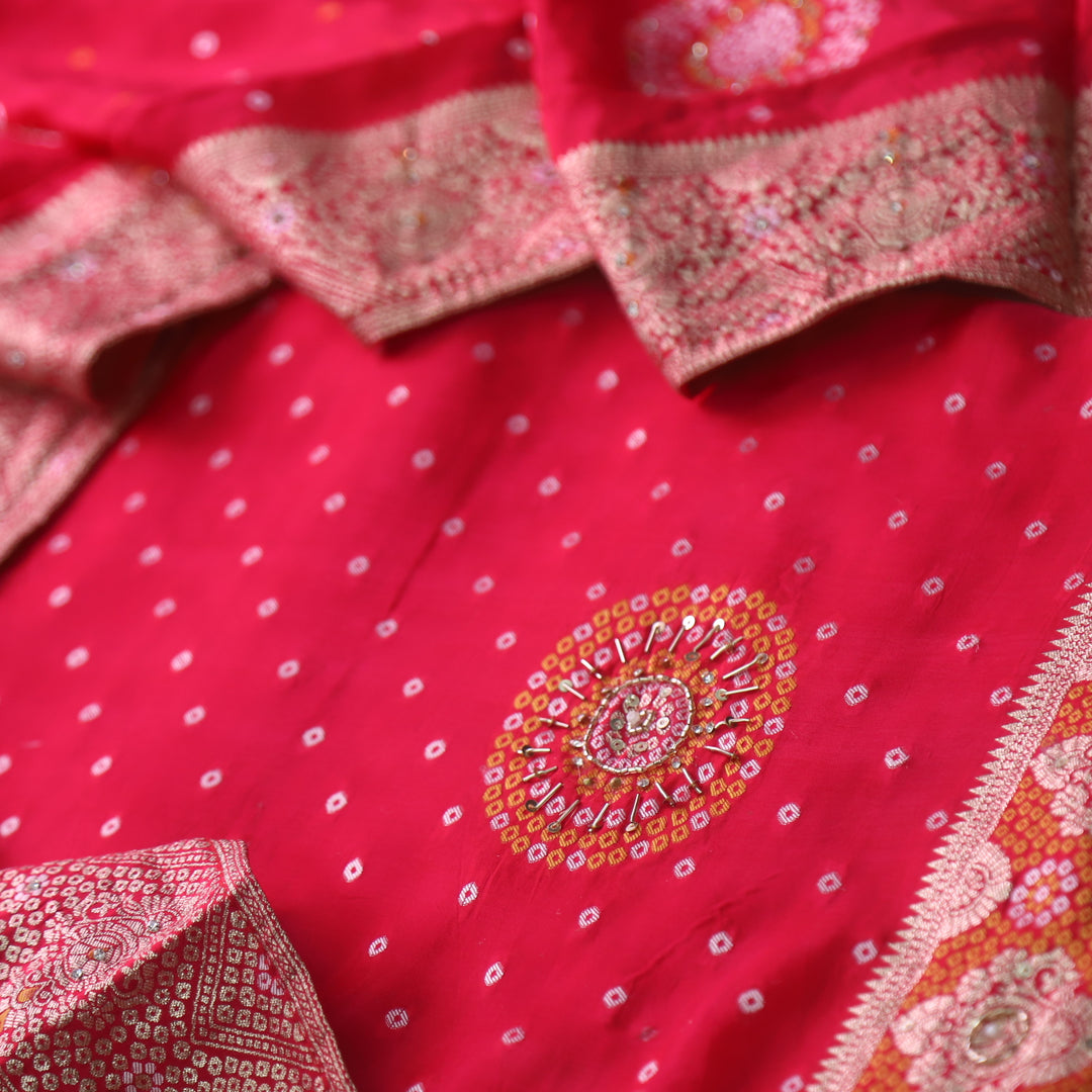 पतझड़ Hot Pink Kardana Detailing with Bandhani Print Crepe Silk Suit Set