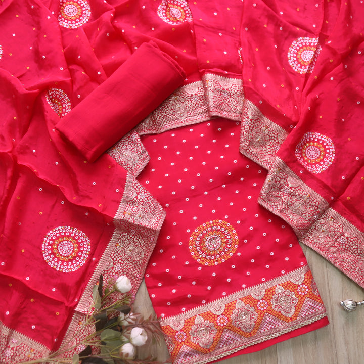 पतझड़ Hot Pink Kardana Detailing with Bandhani Print Crepe Silk Suit Set