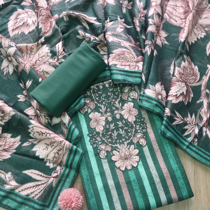 दरबार Pine Green Floral Neck with Stripe Printed Semi Pashmina Winter Set