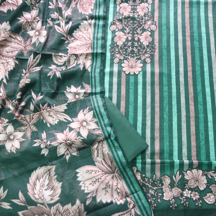 दरबार Pine Green Floral Neck with Stripe Printed Semi Pashmina Winter Set