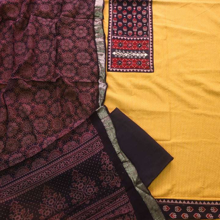 Surma Corn Yellow Ajrak Print Patch with Running Stitch Cotton Suit Set