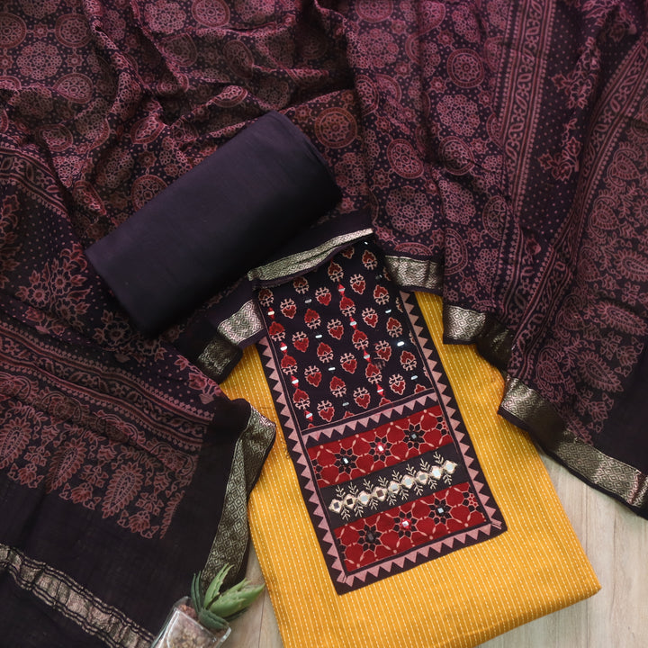 Surma Corn Yellow Ajrak Print Patch with Running Stitch Cotton Suit Set